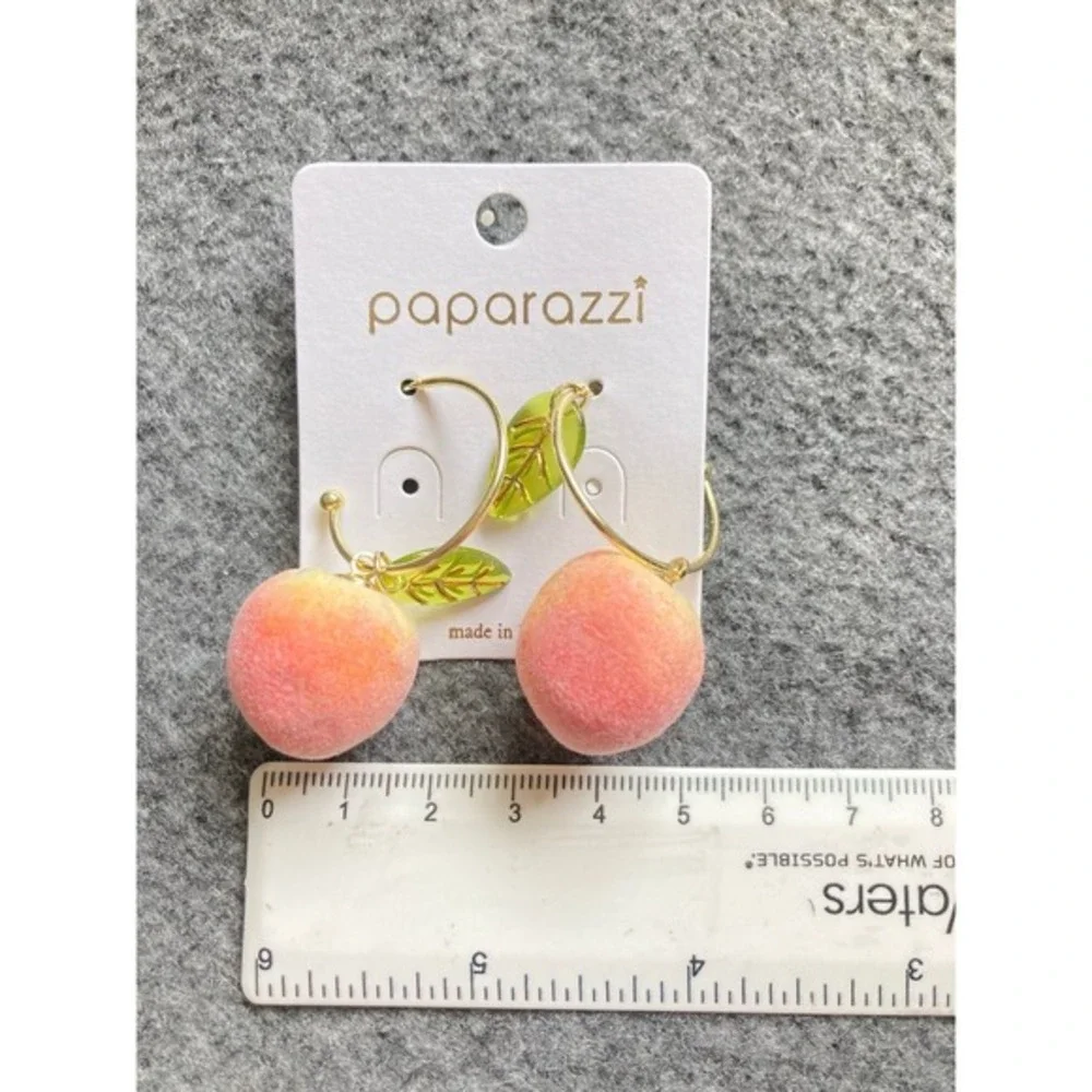Pink Fuzzy Peach Earrings with Green Leaf Charm – Cute Fruit Hoop Jewelry‎ new